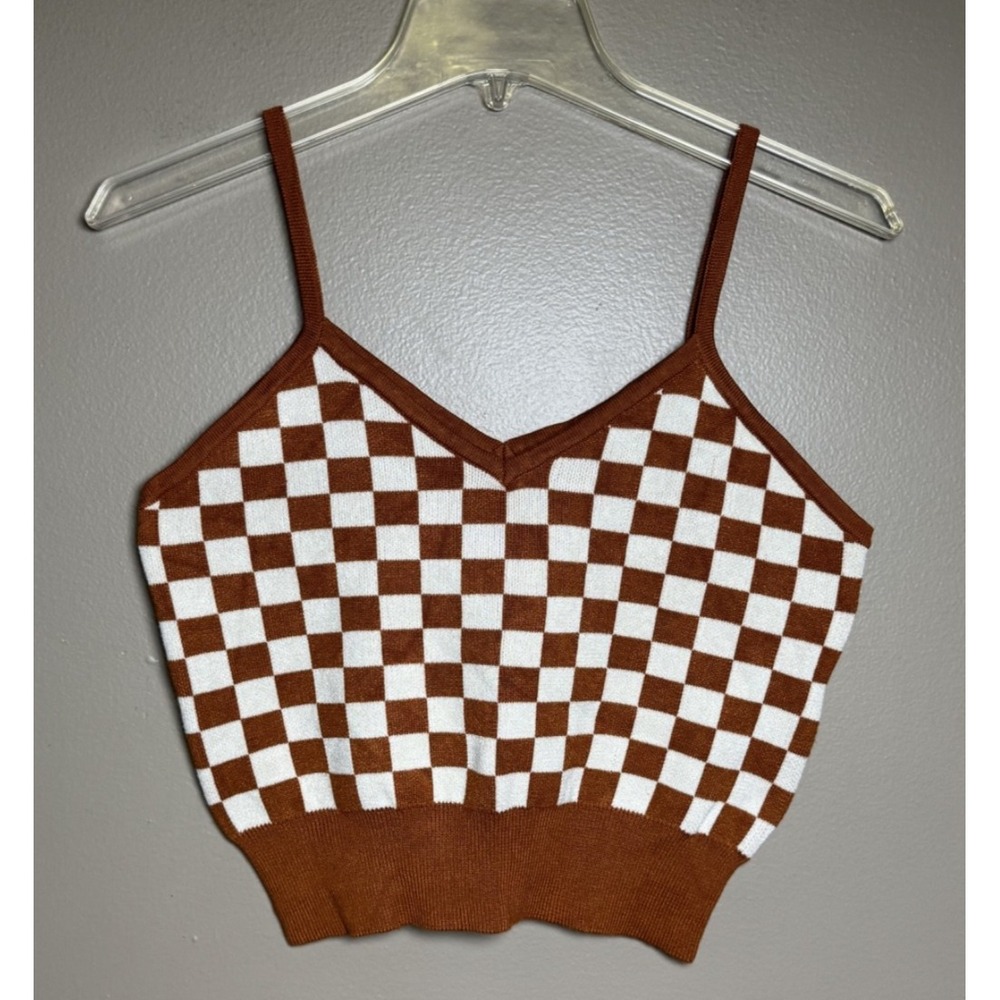 EUC Say What Brown and White Checkered Knit Cropped Camisole Size L